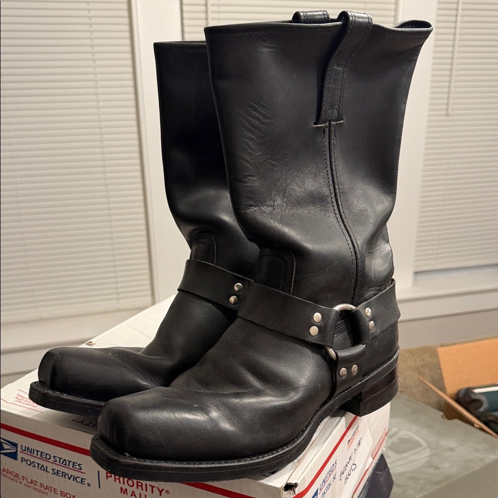 Frye Black Leather Harness Engineer Boots